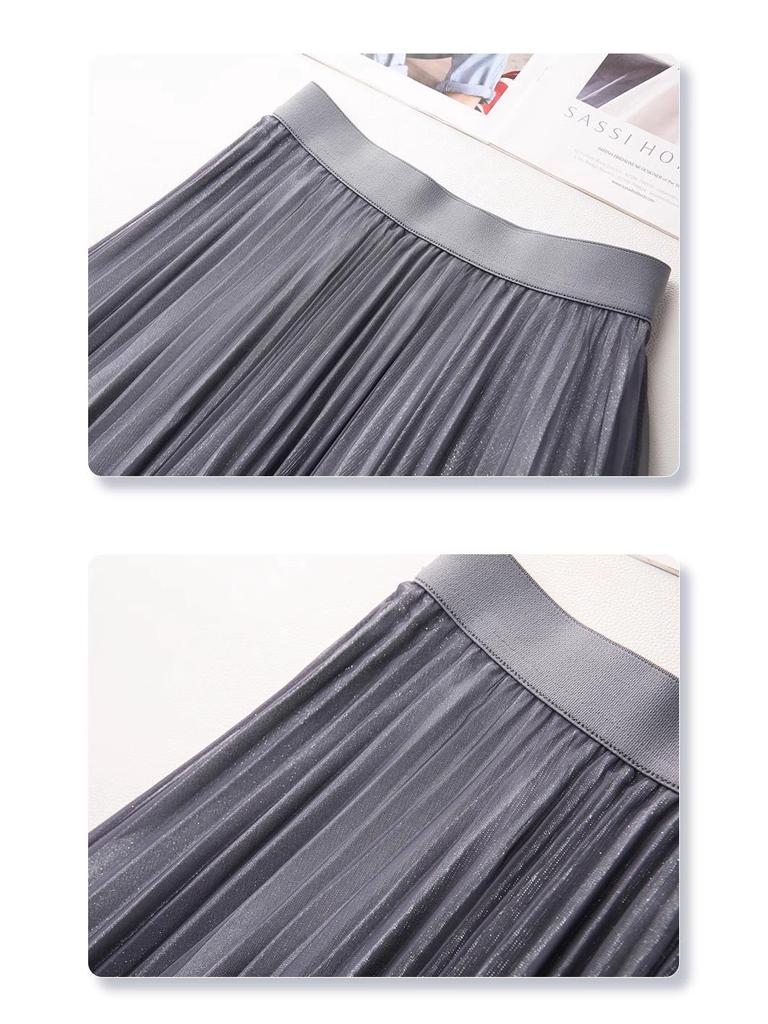 Women's Gradient Mesh Pleated Midi Skirt - 2025 Spring Collection, High Waist A-line with Slimming Drapes