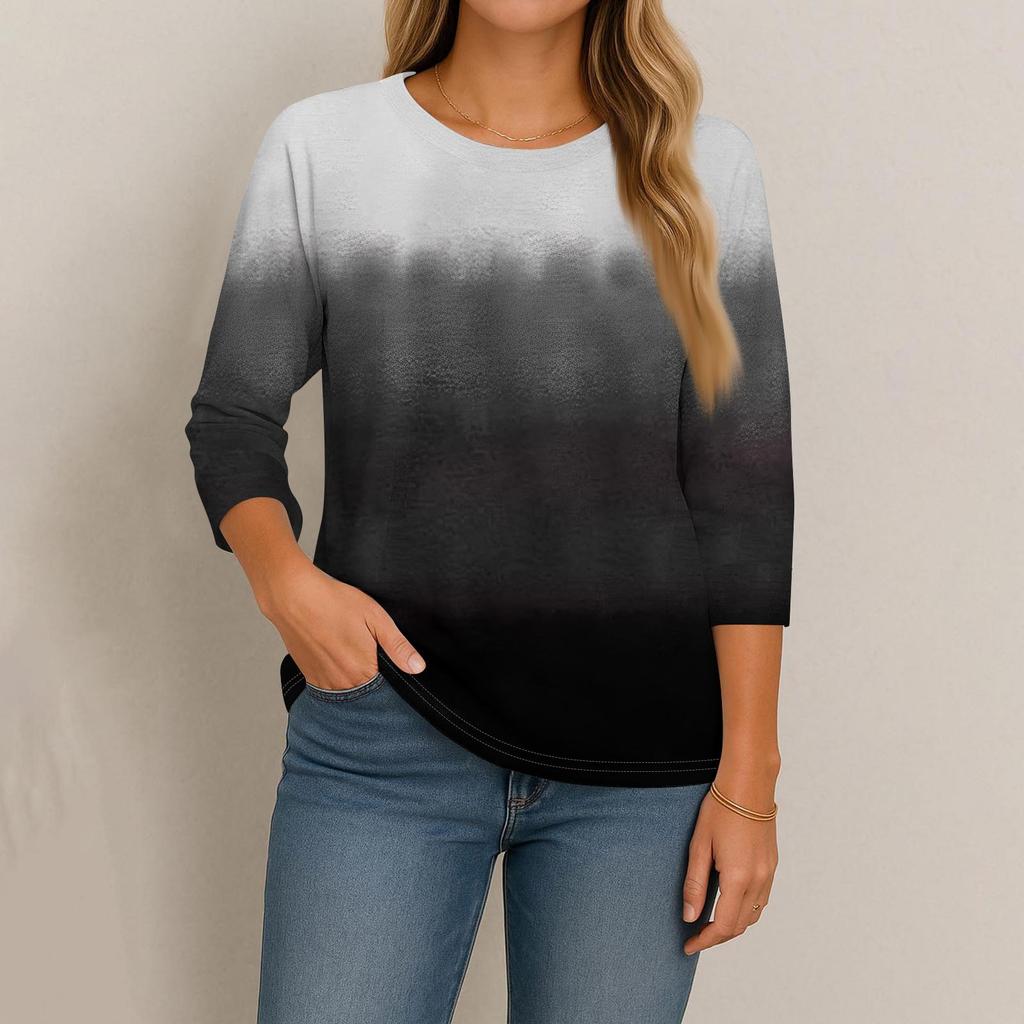 Women's Fashion Casual Round Neck 3/4 Sleeve Loose  Printed T-Shirt Ladies Top