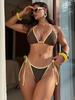 Women's Swimsuit Contrast Color Halter Neck Triangular Bag Side Tie Three Piece Bikini Swimsuit Beach Wear