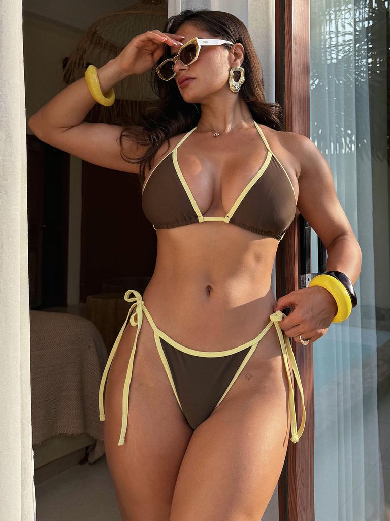 Women's Swimsuit Contrast Color Halter Neck Triangular Bag Side Tie Three Piece Bikini Swimsuit Beach Wear