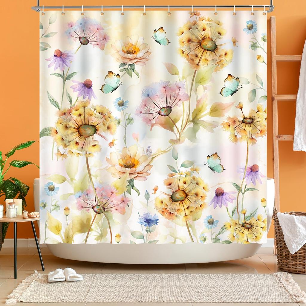 Purple Violet & Teal Floral Shower Curtain – Retro Natural Waterproof Polyester Bathroom Decor With 12 Hooks, Lavender Design