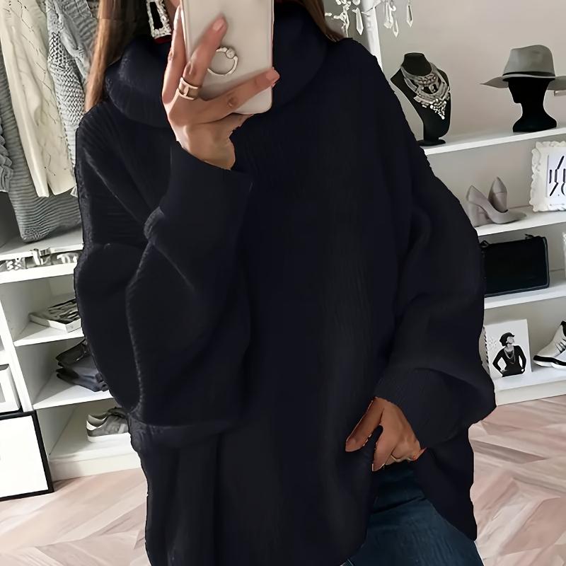 Pullover Sweater for Plus-Size Women, Featuring a High Neck, Solid Color, Long Sleeves, And Ribbed Drop Shoulders