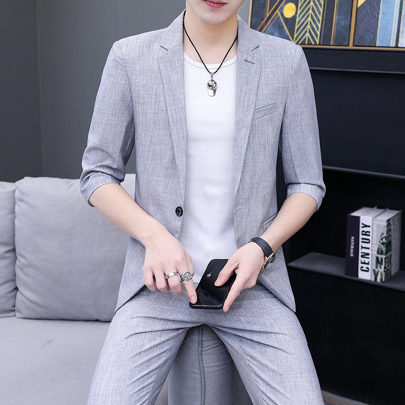 

2023 Мужской летний новый костюм с половиной рукавом Молодежный приталенный красивый универсальный тонкий костюм из двух предметов