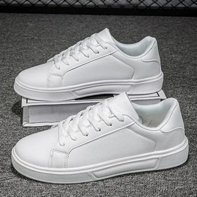 Mens Shoes White Athletic Shoes PU Genuine Leather Solid Men Daily Wear Shoes Lightweight Soft Women Vulcanized Shoes Couple Lace-Up Running Shoe