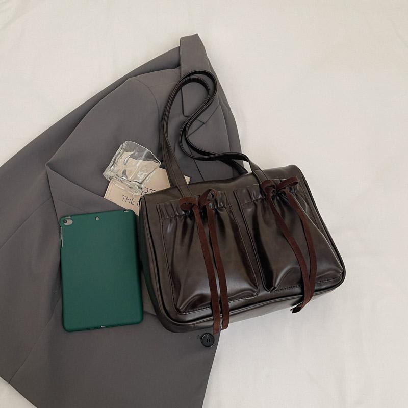 Commuter Vintage Underarm Bag Women's Bow Double Pocket Tote Bag Large Capacity Shoulder Bag