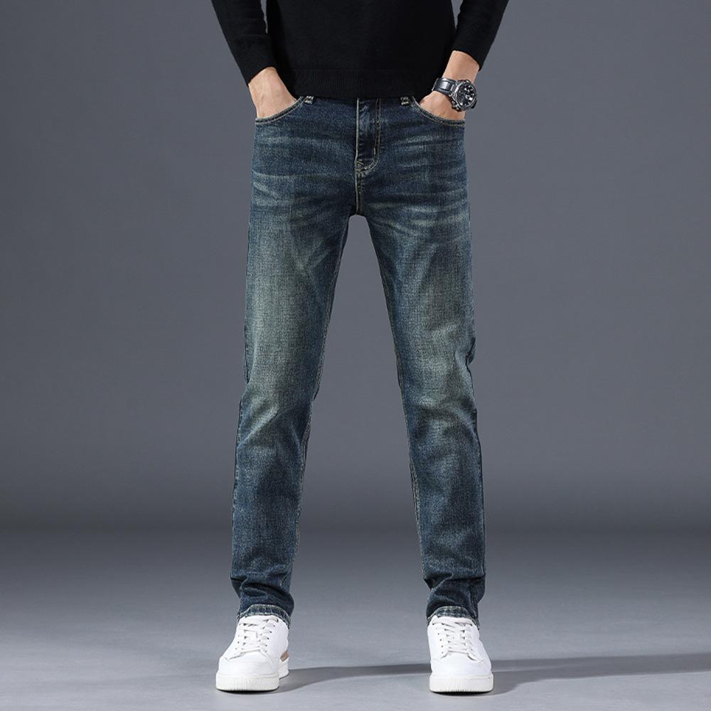 Jeans Men's Spring and Autumn New Fashion Slim Straight Pants Men's Trendy Brand Elastic Denim Commuter Velvet Trousers