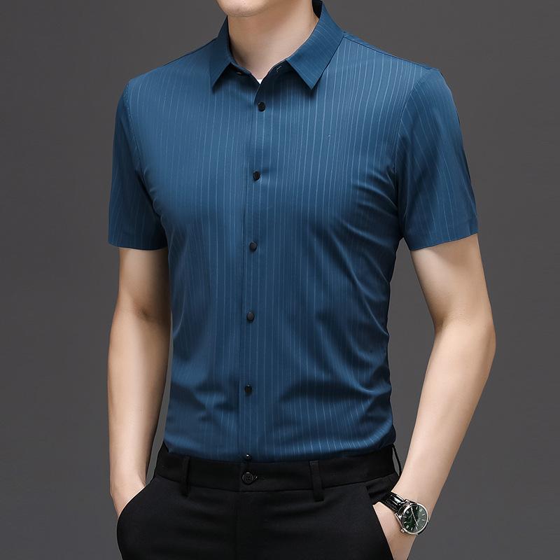 

Бесшовная ламинированная модная мужская рубашка с короткими рукавами, не гладить, повседневная мужская рубашка, тонкая летняя новая мужская одежда в полоску XXXXL