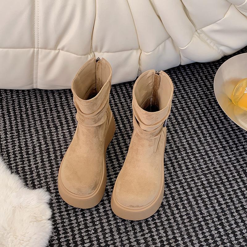 Fashion Retro Thick Bottom Heightening Boots Women's Shoes Autumn New Versatile Suede Solid High Heels Goth Chelsea Botas Ladies Shoes