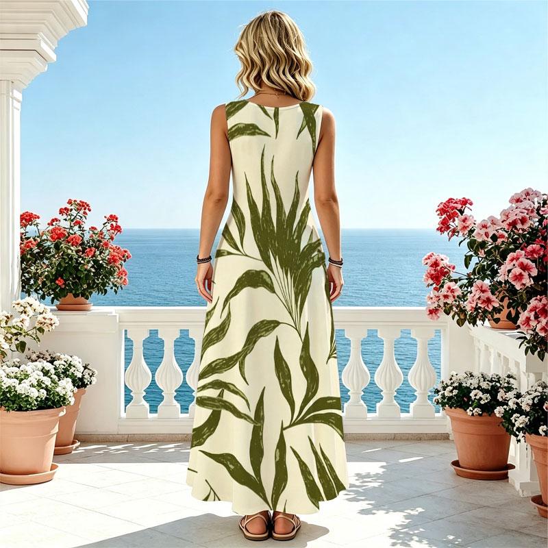 Bohemian Sleeveless Maxi Dress for Women Tropical Plant Print,Lightweight Flowy A-Line,Summer Beach Vacation Long Dress