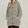 Navava Women Daily Casual Stripe Long Sleeve Hooded Knit Cardigan Nk3331
