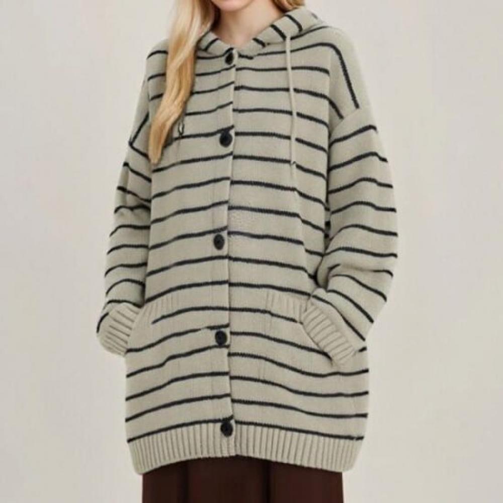 Navava Women Daily Casual Stripe Long Sleeve Hooded Knit Cardigan Nk3331