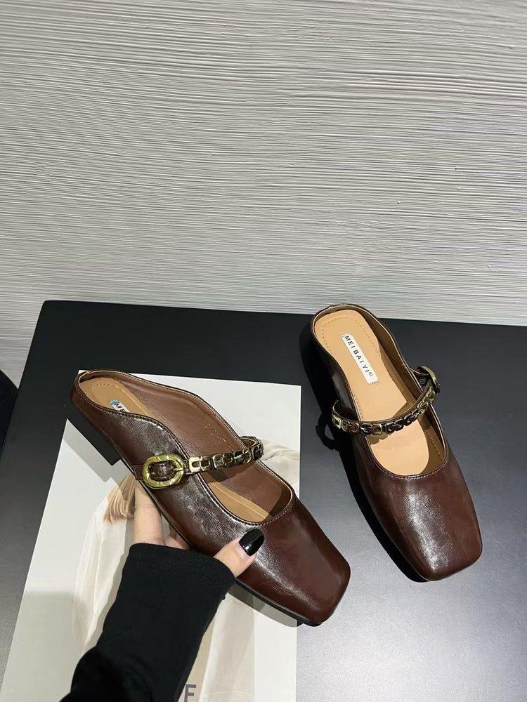 2025 Summer New Square Head Bag Head Slippers Outdoor European and American Women's Shoes Shallow Mouth Half Drag Sandals Net Red Casual Versatile