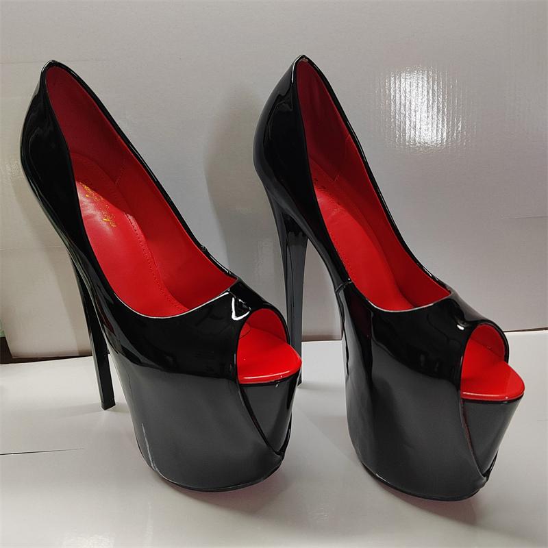 Pantofi cu toc super înalt cu platformă de 19 cm Sexy peep toe lăcuiți negri roșii pentru femei cu toc pentru birou petrecere fetiș nuntă mărime mare 50