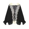 Womens Lace-Trimmed Chiffon Cover-Up Shirt V-Neck Long Sleeve Tie-Front Top Loose Fit