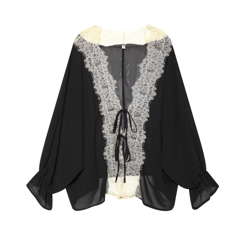 Womens Lace-Trimmed Chiffon Cover-Up Shirt V-Neck Long Sleeve Tie-Front Top Loose Fit