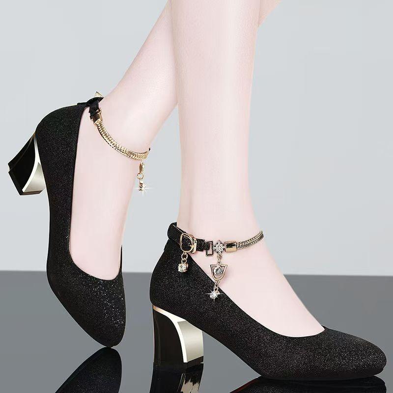 Women Wedding High Heel Shoes Luxury Elegant Plus Size Women Shoes Spring Ankle Strap Heels Women Shallow Chunky Heel Pumps