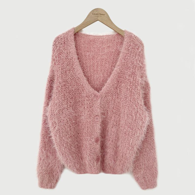 Chic Korean Faux Mink Long-Sleeve V-Neck Cardigan Sweater for Women