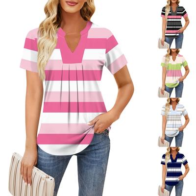 Women's Short Sleeve Casual V-neck Chest Pleated Printed Loose T-shirt Top
