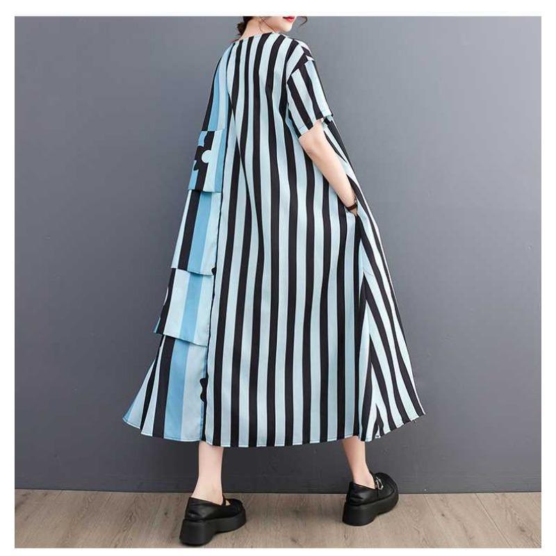 Robe Patchwork en Mousseline Rayée pour Femme, Ample, Décontractée, Jupe Mi-longue Tendance