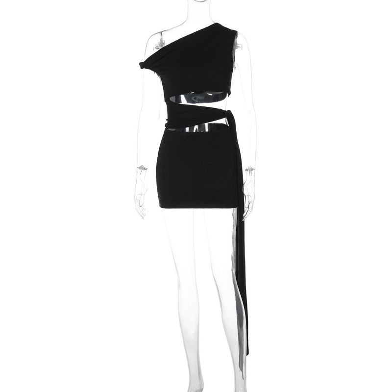 Solid Color Slanted Shoulder Hollow Dress Pure Color Slant Shoulder Hollow Dress