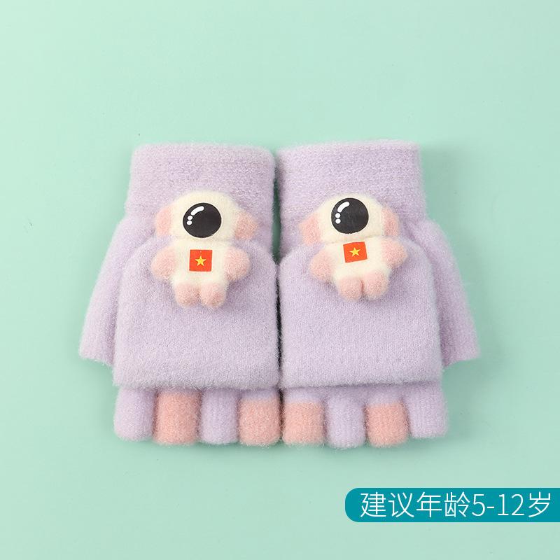 Xuehuaxiu Children's Gloves Cute Cartoon Astronaut Half Finger Flip Student Warm Knitted Gloves Wholesale