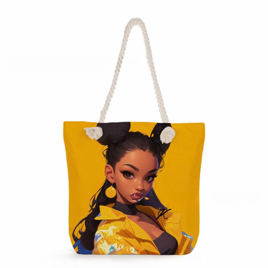 Multifunctional Fairy Tale Style Printed Thick Rope Shoulder Beach Bag Casual Large Capacity Handbag 0106 CLE