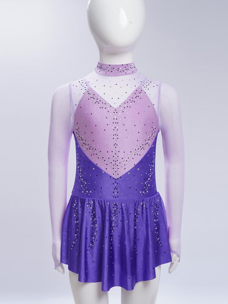 Jenter Skøytekjoler Dansedrakter Mock Neck Langermet Fargeblokk Gjennomsiktig Mesh Patchwork Skinnende Rhinestones Kjole
