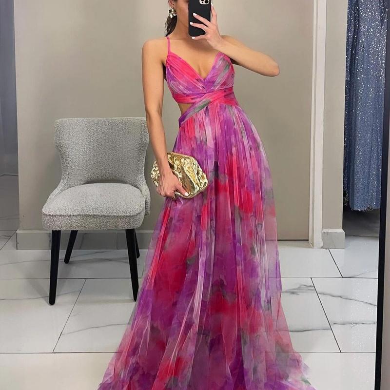 Women's Printed Maxi Dress Spaghetti Strap V Neck Flowing Boho Vacation Dress