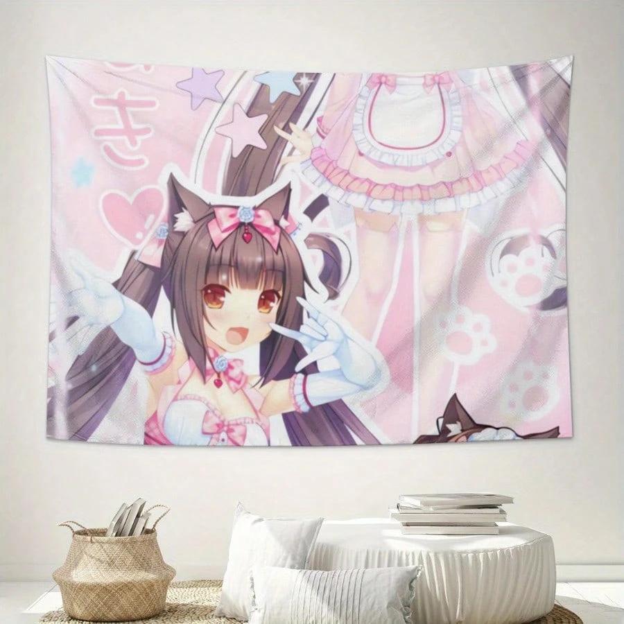 1Pc Kawaii Cat Girl Wall Tapestry, Polyester 2D Flat Print, Versatile Decor For Dorm, Bedroom & Living Room, Ideal For Anime Fan