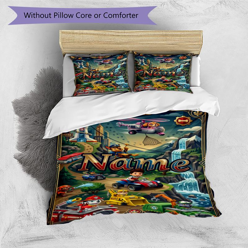 3pcs Duvet Cover Set (1*Duvet Cover + 2*Pillowcase, Without Core), Custom Name PAW Patrol Pattern Bedding Set, Home Bedroom Decor Gift