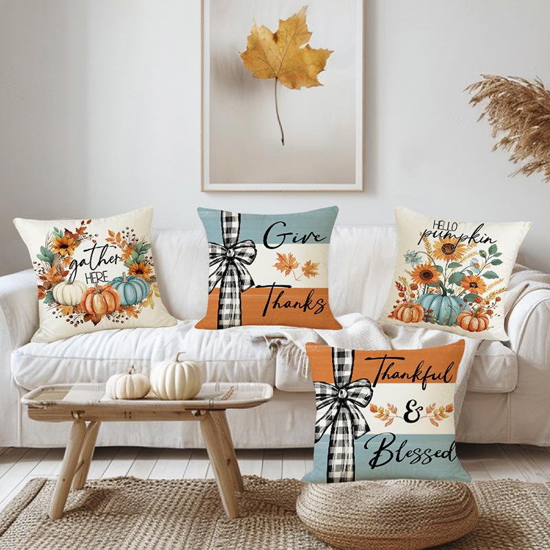 Thanksgiving Pumpkin Pillow Cover Autumn Plant Flower Print Pillow Cover Home Living Room Sofa Cushion Cover