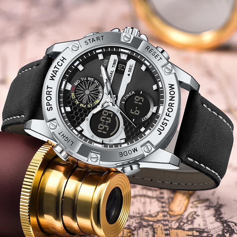 Outdoor Sport Electronics Watch for Men Leather Strap Auto Date Casual Waterproof Luminous Dual Digital Watches