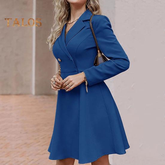 Fall Winter Women Jacket Double-breasted A-line Slim Fit Turn-down Collar Tight Waist Pure Color Formal Business Office Dress Long Sleeve Commuting