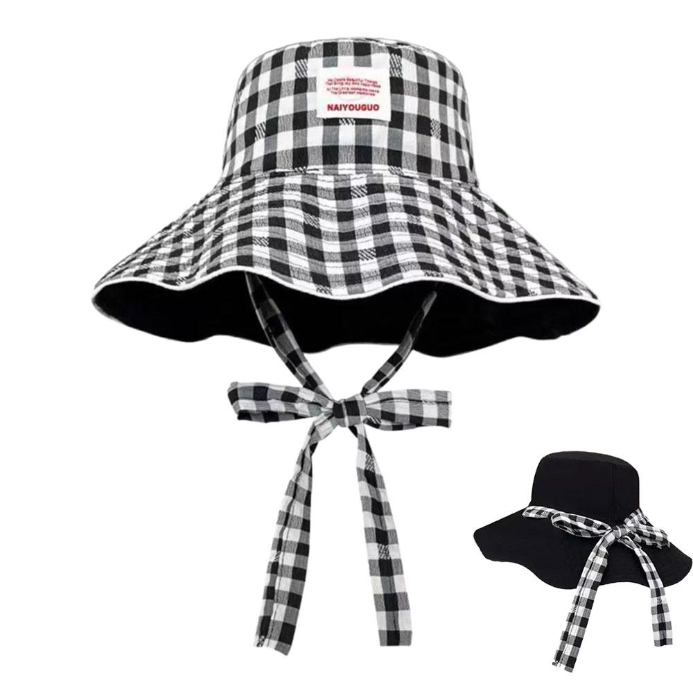 Plaid Fisherman's Hat Dual-Style Reversible Wear Wide Brim Sun Hats With Chin Strap Cute Pastel Plaid Beach Hat For Outdoor Trav