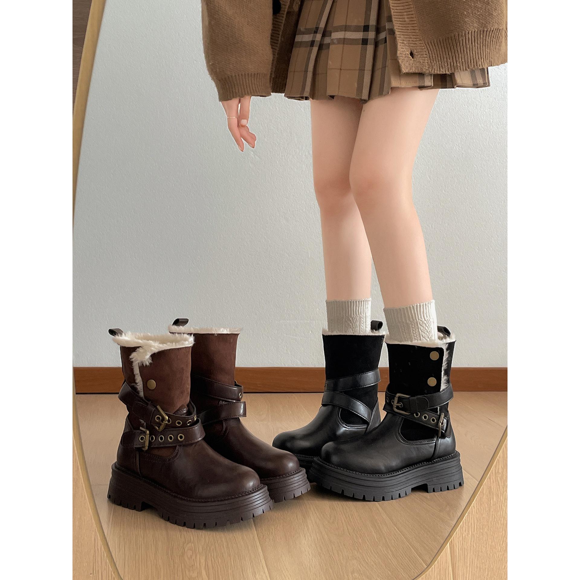British style retro black thick-soled velvet snow boots women s winter warm outer wear western cotton boots 35