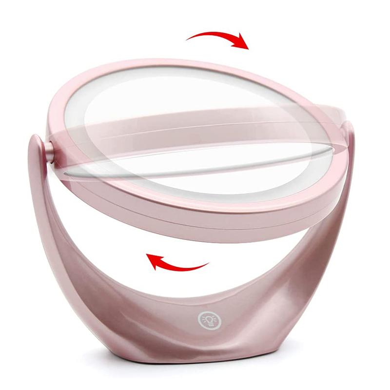 Espelho de maquiagem LED rosa 5X de aumento, espelho de vaidade portátil de viagem com luzes, 3 níveis de brilho ajustável