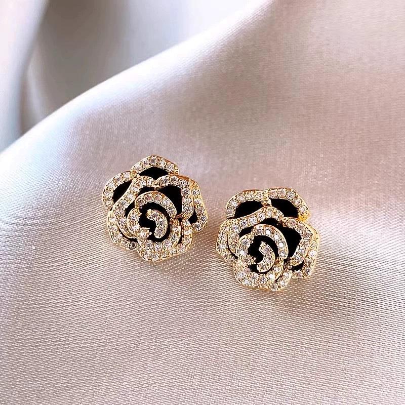 Elegant Gold-Plated Black Zircon Stud Earrings - Niche Design for a Luxurious Fashion Statement