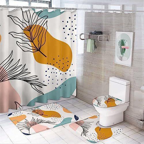 Flower Watercolor Field Flower Shower Curtain With 4 Pieces Absorbent Bathroom Mat Bathroom Curtain With Soft Bath Wheel U-Shaped Mat