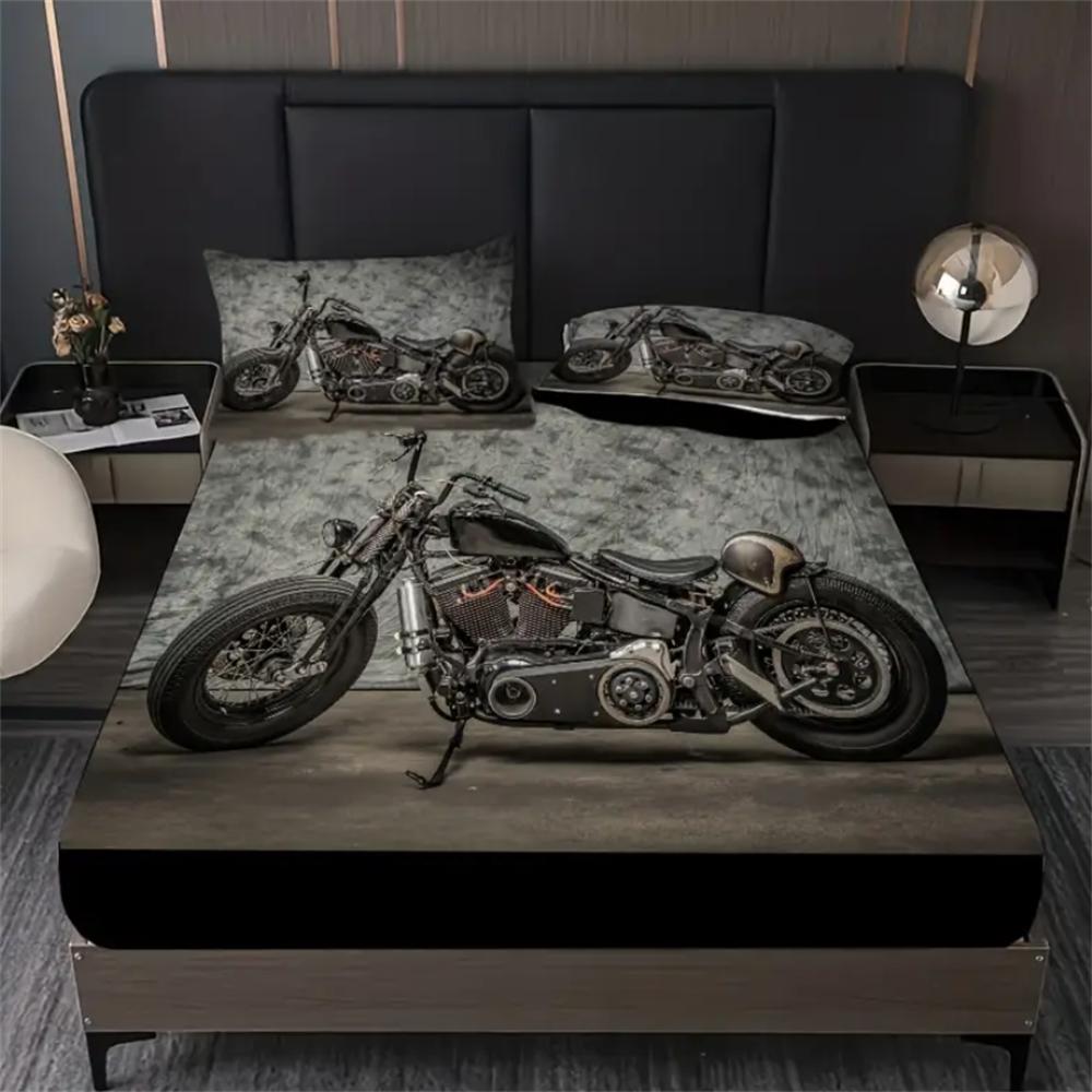 2/3pcs Vintage Black Motorcycle Fitted Sheet Set - Soft, Breathable, Retro Mattress Covers with Deep Pocket - Perfect