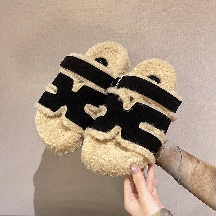 Deer and Girlfriend, Fluffy Slippers for Women's Wear 2025 New Autumn and Winter Leather Thick-soled Lamb Wool H Second Uncle Slippers