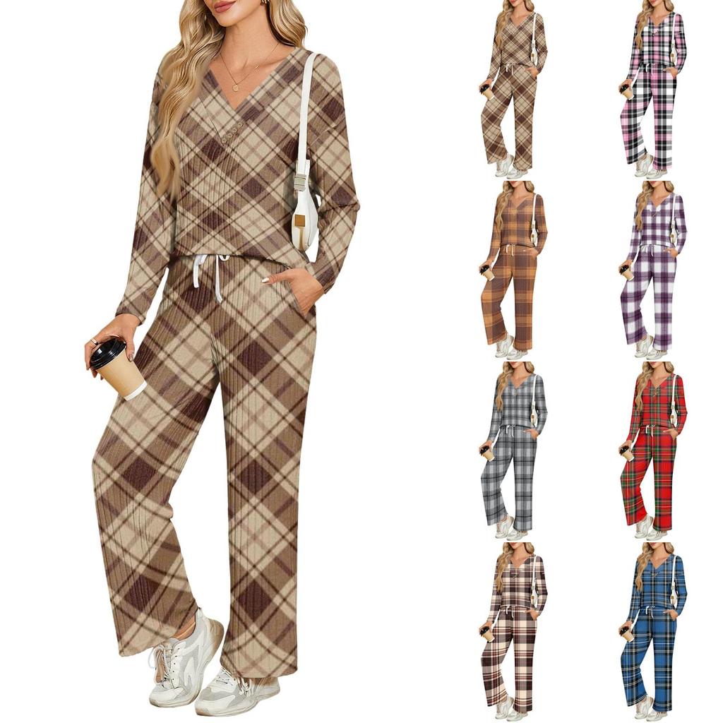 Women's V-Neck Loose Fit Printed Long Sleeve Pajama Set with Pockets - Casual Sleepwear Loungewear Set