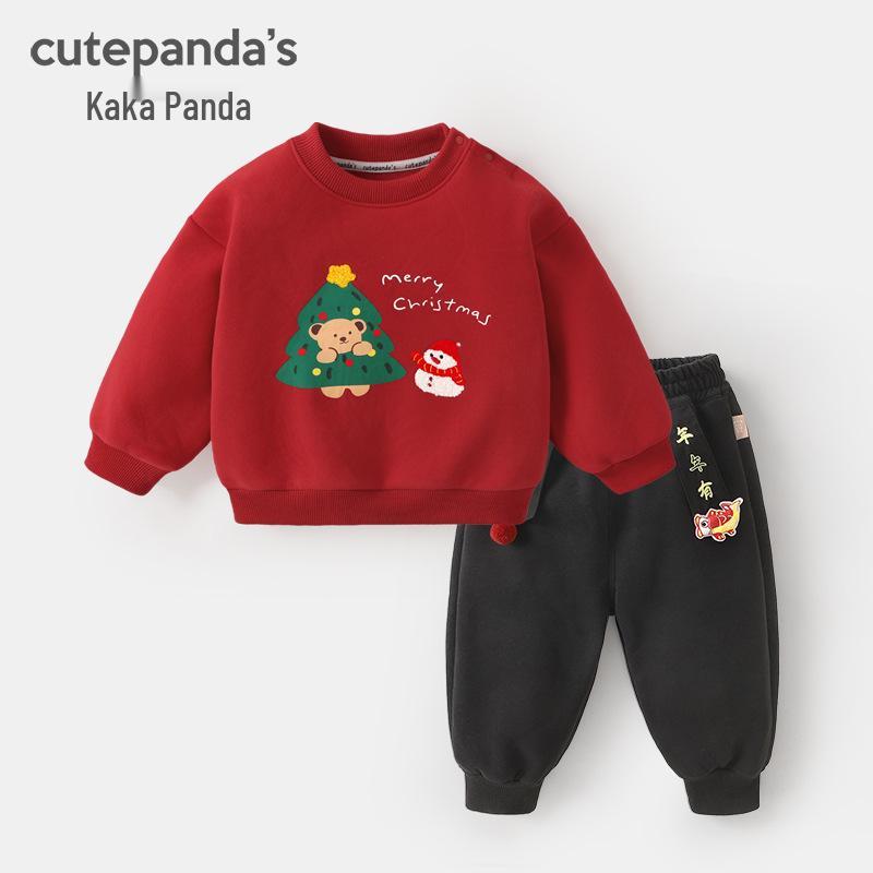 

Kaka Panda Boys Holiday Velvet Hoodie & Pants Set – Baby Winter Warm Clothes 73cm червоний/чорний