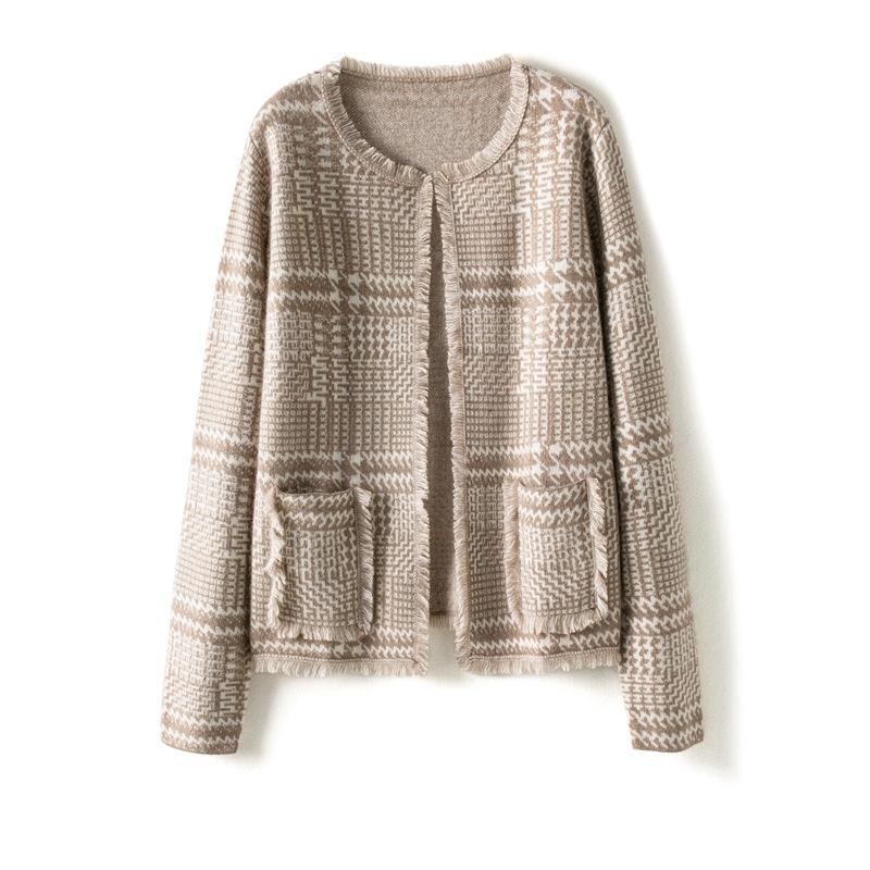 

Вязаный кардиган женский весна и осень новая модная клетчатая расцветка в тон свободное женское пальто L хаки