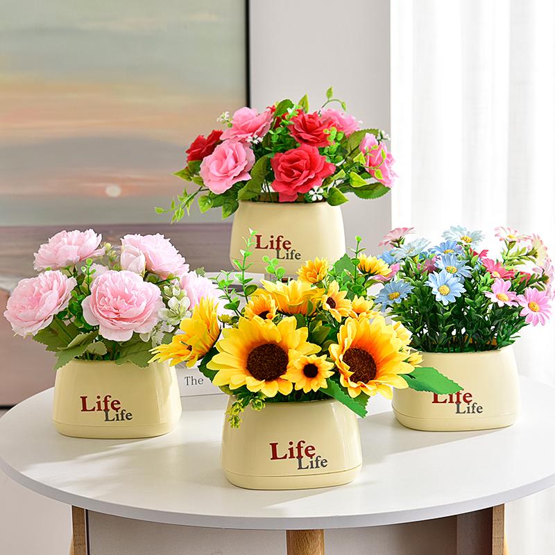 Sunflower Artificial Flower Arrangement - Small Potted Plants & Plastic Bouquets for Living Room and Dining Table Decor