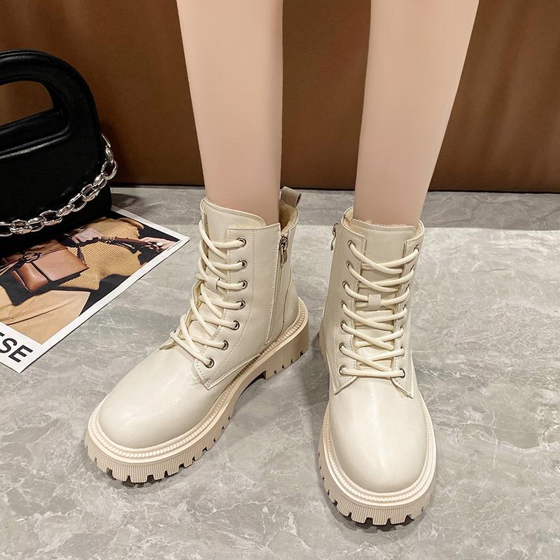 Fashion Women's Winter 2025 New Snow Boots with Velvet Flat Top Flat Shoes High Quality Lace Elegant PU Leather Casual Black Ankle Boots