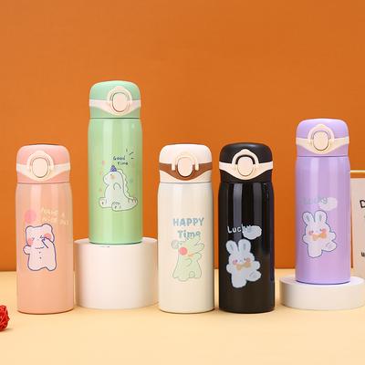 New Cartoon LED Display Temperature Spring Cup Stainless Steel Straight Drink Thermos Cup Lift Ring Portable Cute Children's Water Cup