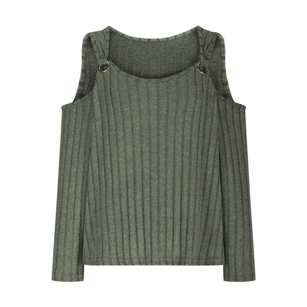 Damenmode Lässig Einfarbig V-Ausschnitt Metallknopf Streifen Langarm T-Shirt