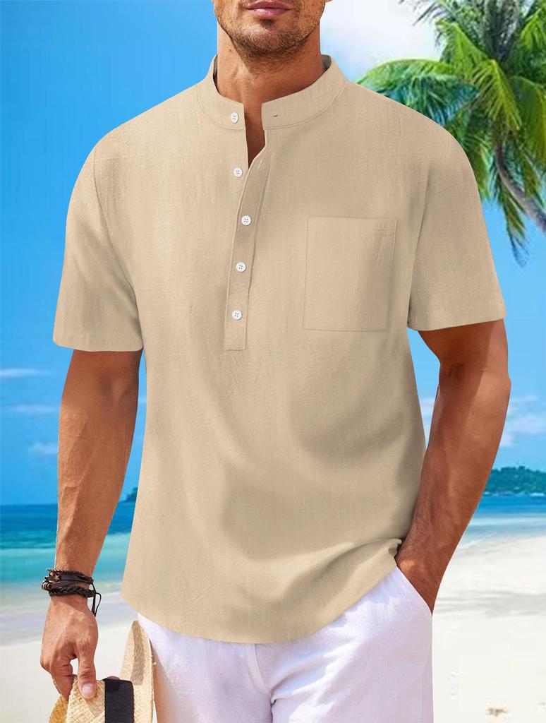 Men’s Cotton Linen Stand Collar Short Sleeve Henley Shirt - Casual & Versatile