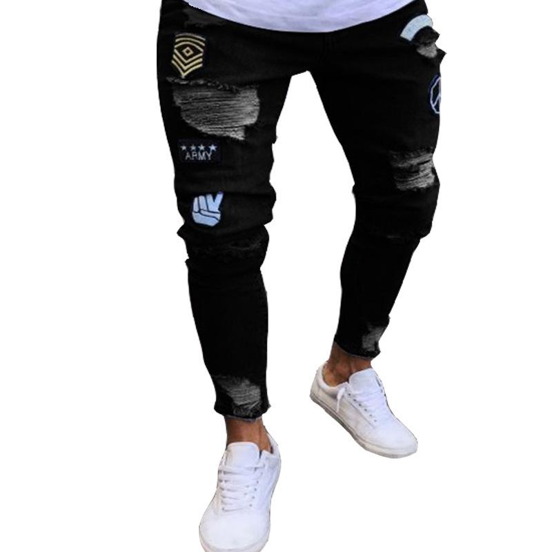 

MAITA European and American Men s Skinny Jeans Ripped Badge Pencil Pants S чёрный