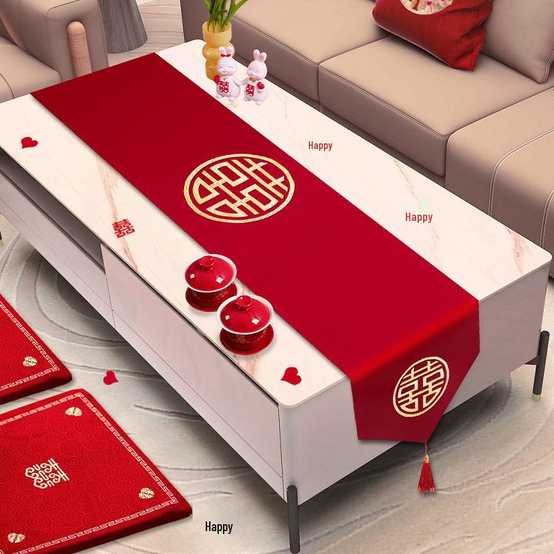 Red Wedding Table Runner & TV Cabinet Cover Set - Bridal Room Decoration & Dining Tablecloth